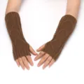 Brown knitted half-finger arm sleeves winter warm wool gloves detailed view show elasticity. - One Size / Camel