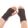 Cozy brown knit fingerless gloves, classic cable diamond pattern, warm winter arm warmers. - Dark Gray
