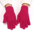 Detail view of women winter warm thick rabbit hair knitted gloves five finger solid color fashion - Adult Free Size / Burgundy