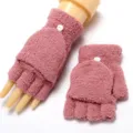 Women's thick fleece convertible fingerless gloves warm winter solid color plush mittens - Adult High Stretch / Pink