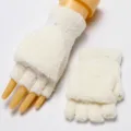 Women fluffy fleece convertible fingerless gloves winter warm half finger mittens off white - Adult High Stretch / White
