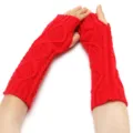 Red cable knit arm warmers fingerless gloves winter warm thermal soft stretch long sleeves - One Size / Red