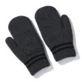 Close up view of dark grey knitted mittens with black stripes and warm ribbed cuffs detail. - Big Kids / Dark Gray