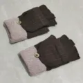 Knitted convertible fingerless gloves detail view, winter warm wool mittens in brown pink. - Adult Free Size / Coffee