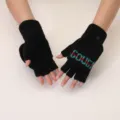Black knit convertible fingerless gloves winter warm flip top mittens with stripe design - Letter Black
