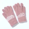 Pink winter knitted gloves for women, fuzzy rabbit hair texture with cute white leaf pattern. - One Size / Pink