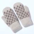 Detailed close-up view of women's warm thermal knit mittens with classic brown diamond pattern. - One Size / Beige