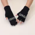 Black convertible knit fingerless gloves with flip top mitten cover warm winter wear - Letter Navy Blue