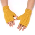 Women men winter knit fingerless gloves warm wool arm warmers cable knitted mittens - 17cm Length / Yellow