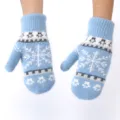 Winter warm plush knit gloves with cute snowflake pattern, thick fleece lined for cold weather. - Blue