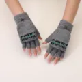 Grey knit fingerless gloves with button flip top winter warm half finger mittens for typing - Light Gray (Letter Embroidery)