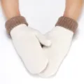 Detail shot of winter knitted mittens with cozy fleece lining and warm ribbed cuffs. - Two-Tone Flat White