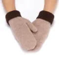 Women winter warm knit mittens cute thick solid color fleece lined gloves for outdoor riding - Two-Tone Flat Khaki