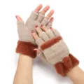 Women winter fingerless knit gloves with plush furry cuff and warm flip cover design. - One Size / Khaki