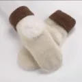 Fleece-lined knitted mittens women winter warm cute rabbit hair solid color thick gloves - Two-Tone Pom-Pom White