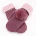 Women winter plush knit mittens warm thick solid color gloves with cute fluffy pom pom. - Two-Tone Pom-Pom Burgundy