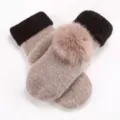 Women winter warm knit mittens plush pompom thick fleece lined cute gloves cozy solid color - Two-Tone Pom-Pom Khaki