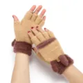 Women knit fingerless gloves winter warm fluffy cuff convert half finger gloves khaki - One Size / Coffee