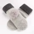 Women's winter thick knit mittens with fuzzy pom-pom, cute warm fleece-lined design for cold weather. - Two-Tone Pom-Pom Light Gray