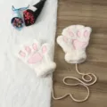 Guanti di peluche con zampe di gatto senza dita invernali caldi e soffici con corda - Adulto / Bianco