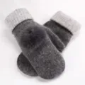 Winter warm knitted fleece-lined mittens for women, cute rabbit hair plush gloves. - Two-Tone Pom-Pom Dark Gray