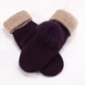 Thickened plush rabbit fur winter mittens for women, cute warm knitted solid color gloves. - Two-Tone Pom-Pom Purple