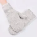 Mitones de invierno de punto esponjoso para mujeres, gruesos cálidos pelo de conejo gris - Puño Plano Gris Claro