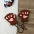 Winter cute cat paw fingerless gloves warm plush thick bear claw half finger gloves - Adult Style / Red Brown