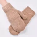 Women winter warm knitted thick mittens solid color fuzzy gloves for outdoor cycling daily wear - Flat Cuff Khaki