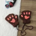 Winter cute cat paw fingerless gloves plush warm brown half finger gloves with string - Adult Style / Dark Coffee