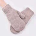Women Winter Thickened Knitted Mittens Solid Color Warm Fluffy Rabbit Hair Gloves - Flat Cuff Bean Paste