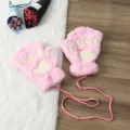 Cute plush cat paw fingerless gloves for winter, thick warm cute bear paw gloves with hanging rope. - Adult Style / Pink