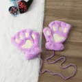 Winter cute plush cat paw fingerless gloves with neck string warm fuzzy bear claw gloves - Adult Style / Purple