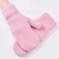 Pink plush knitted winter mittens for women, thick warm cute solid color mitten gloves. - Flat Cuff Pink