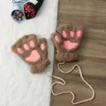 Cute winter plush cat paw half-finger gloves warm furry bear claw mittens with anti-lost rope - Adult Style / Khaki