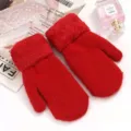 Women winter warm fleece lined knit mittens solid color thick cute cycling gloves variant - Plush Cuff Red
