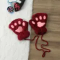 Winter cute plush cat paw half-finger gloves with string warm fuzzy winter mittens for women - Adult Style / Burgundy