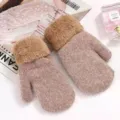Winter warm knitted mittens for women, plush fleece lined thick solid color cute gloves. - Plush Cuff Bean Paste
