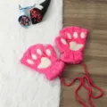 Cute pink cat paw fingerless gloves winter warm plush half finger gloves with hanging string - Adult Style / Rose Red
