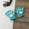 Cute blue plush cat paw fingerless gloves with warm furry fleece and connecting string. - Adult Style / Blue
