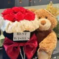 Caja de regalo de rosas eternas de San Valentín con lindo oso de peluche con corona. - Ramo de Rosas Abrazo de Oso (con Bolsa de Regalo y Tarjeta)