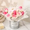 Soap flower rose tulip bouquet in metal hug bucket, perfect romantic gift for girlfriend. - Rose Pink