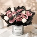 Artificial rose and tulip bouquet in round gift box, perfect birthday gift for girlfriend. - Dark Plum