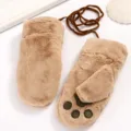 Lindos guantes de invierno de peluche para mujer, manoplas cálidas de pata de gato con cordón. - Pata de Oso Colgante / Caqui