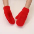 Moffole invernali in pelliccia di coniglio rossa da donna, guanti caldi foderati spessi. - Taglia Unica / Rosso Vivo
