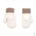 Women Winter Cute Warm Knitted Mittens Thickened Rabbit Fur Ball Wool Gloves Cream White - White