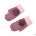 Women winter cute knitted mittens and thick warm wool gloves with fluffy fur balls. - Burgundy