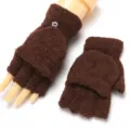Brown fleece fingerless flip-top gloves, warm winter half-finger convertible mitten design. - Adult High Stretch / Coffee