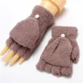 Furry fleece fingerless gloves for women, cute bear flip-top convertible warm winter mittens. - Adult High Stretch / Khaki