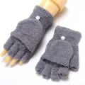 Grey fleece winter convertible fingerless gloves warm plush half finger mittens for women. - Adult High Stretch / Gray